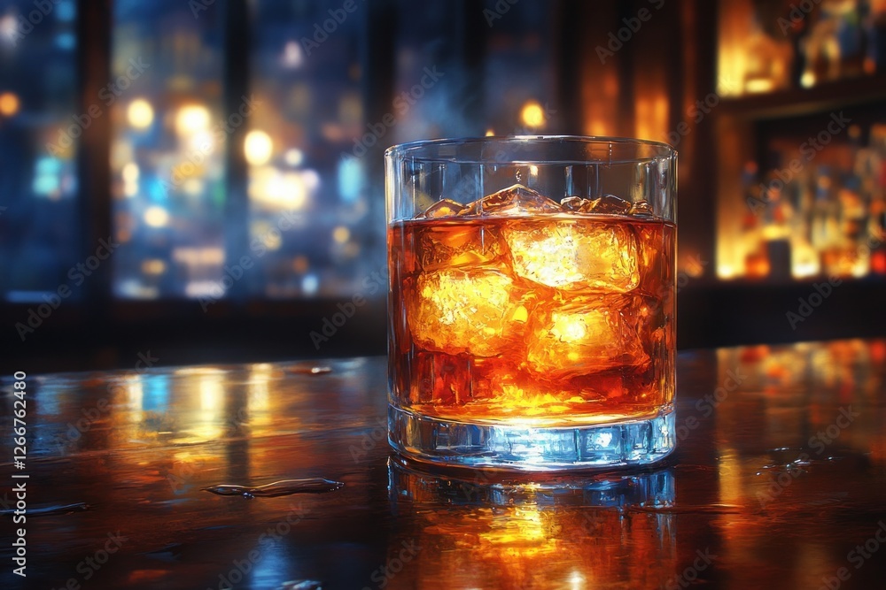 Whiskey Glass on Polished Wooden Bar Counter with Dramatic Lighting Whiskey Glass on Polished Wooden Bar Counter with Dramatic Lighting
