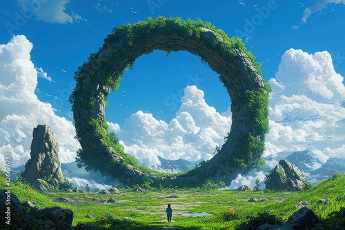 Man Gazing at Giant Overgrown Stone Ring in Lush Green Landscape Under Bright Blue Sky