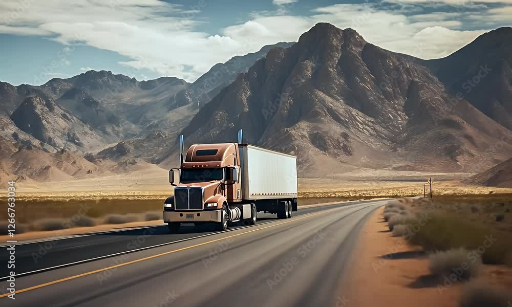 Desert highway truck transport, mountains backdrop Desert highway truck transport, mountains backdrop