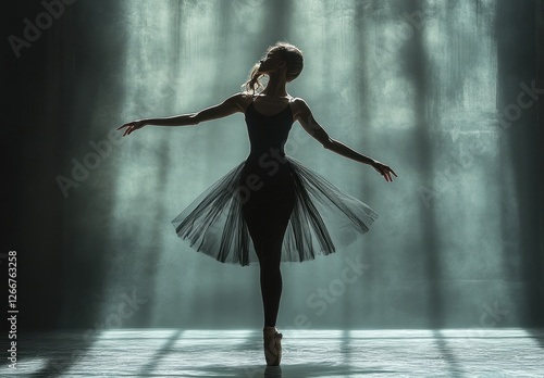 Ballet Dancer Performing Graceful Movement in High Contrast Lighting