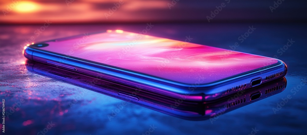 Sleek smartphone with gradient purple design minimalist style ambient lighting isolated on white background