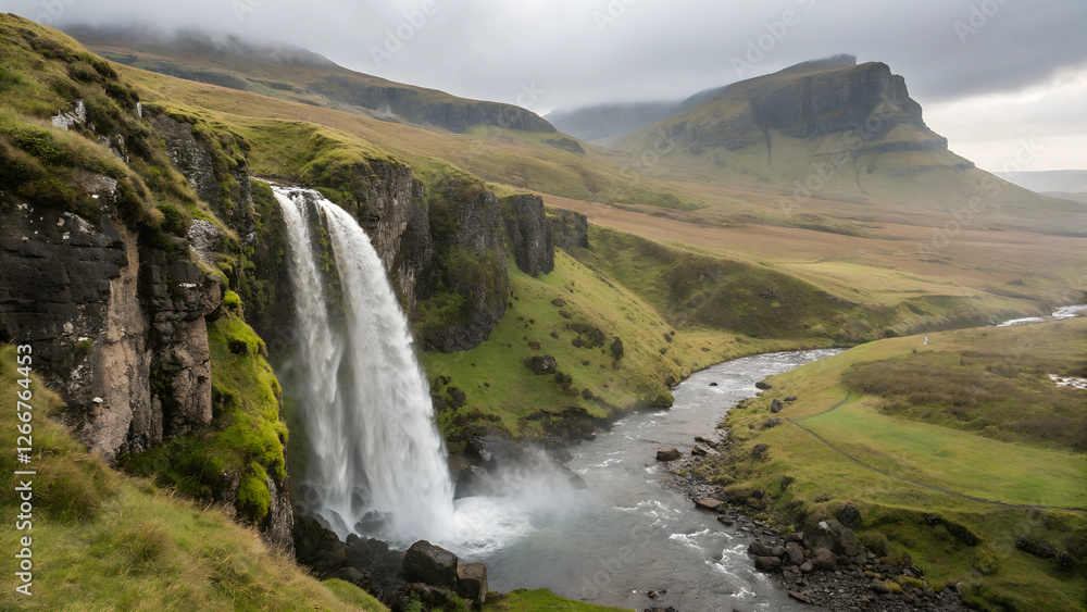 Obraz premium Waterfall in a green valley with a river