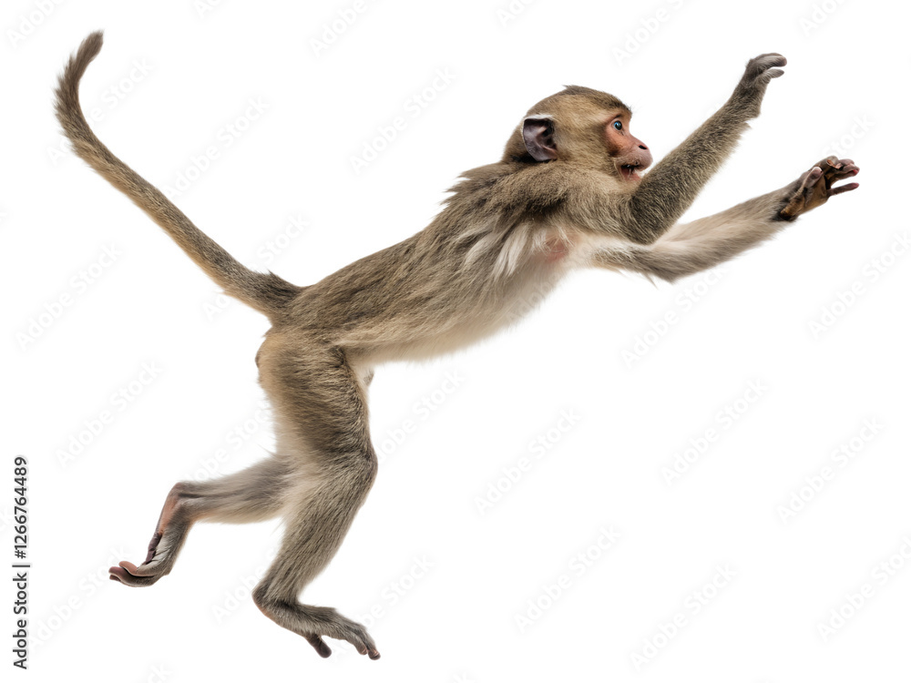 Fototapeta premium Photograph a monkey leaping on mid-air isolated on a transparent background.