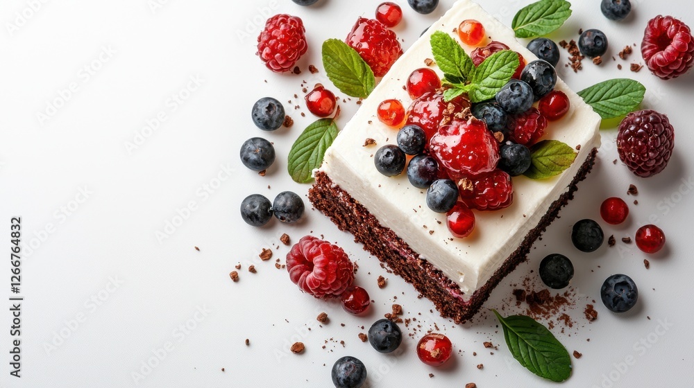 Slice of cake topped with fresh berries and mint leaves on a white plate Slice of cake topped with fresh berries and mint leaves on a white plate