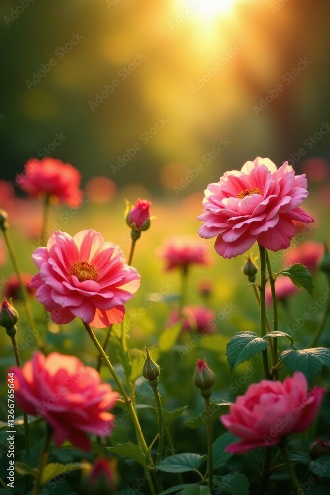 Golden sunlight bathes vibrant wild roses in a lush meadow , landscape, garden, sunlight Golden sunlight bathes vibrant wild roses in a lush meadow , landscape, garden, sunlight