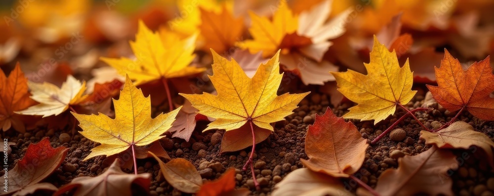 Golden yellow leaves nestled in reddish-brown pile , harvest, maple, red Golden yellow leaves nestled in reddish-brown pile , harvest, maple, red