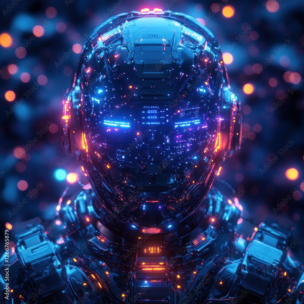 Cybernetic Woman in Futuristic Core with Neon Lights and Intricate Wires Cybernetic Woman in Futuristic Core with Neon Lights and Intricate Wires