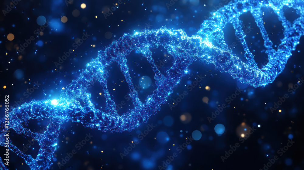 glowing DNA strand in blue geometric background, symbolizing technology and innovation. vibrant colors and sparkling effects create sense of wonder and discovery glowing DNA strand in blue geometric background, symbolizing technology and innovation. vibrant colors and sparkling effects create sense of wonder and discovery