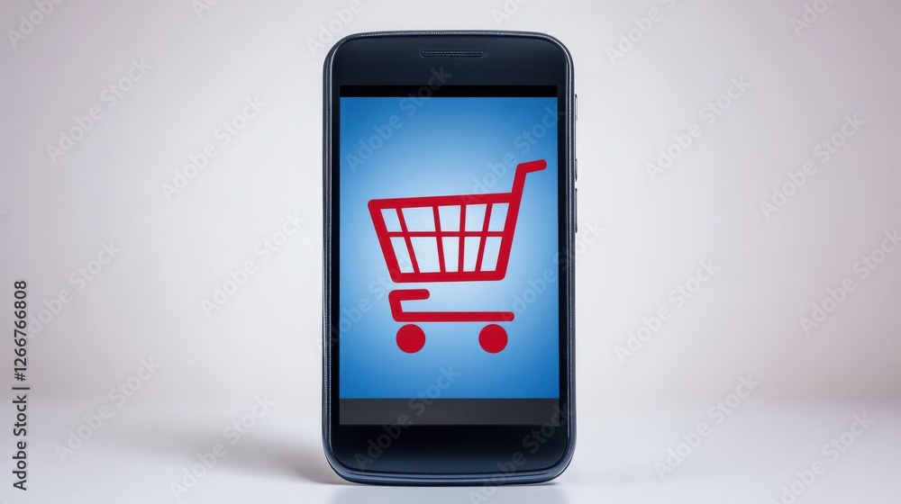 Smartphone displaying a shopping cart icon on a blue background, symbolizing online shopping convenience Smartphone displaying a shopping cart icon on a blue background, symbolizing online shopping convenience