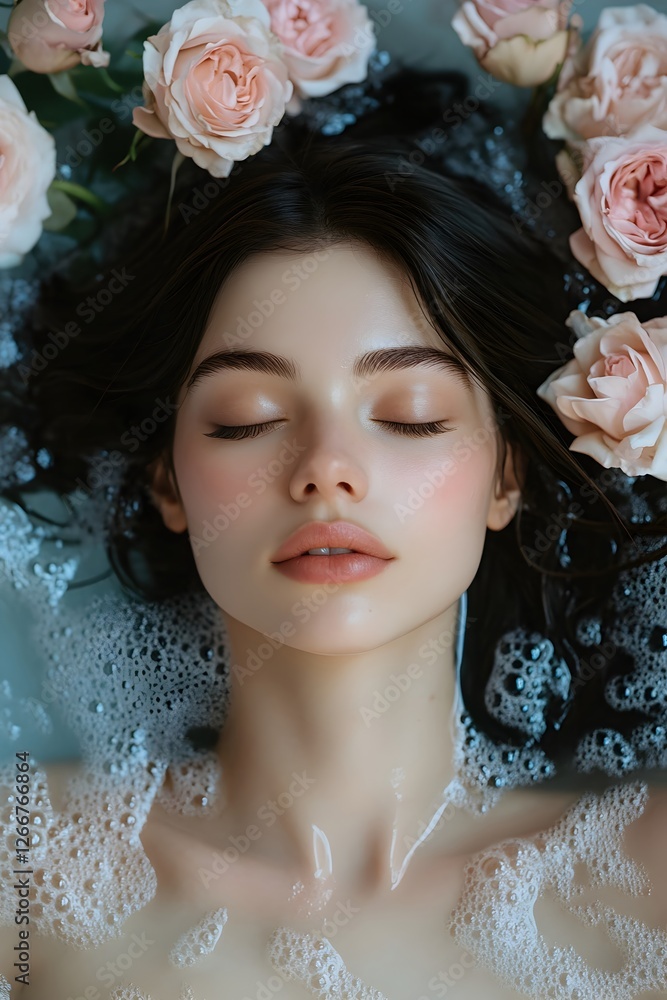Serene Young Woman in Bathtub Surrounded by Pink Roses and Bubbles Serene Young Woman in Bathtub Surrounded by Pink Roses and Bubbles