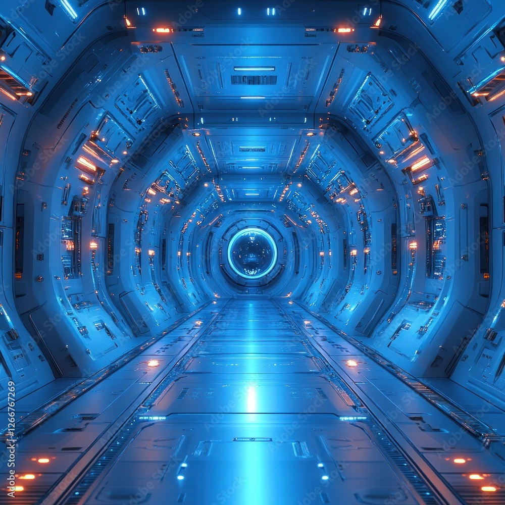 Obraz premium Futuristic Sci-Fi Corridor with Mechanical Details and Alien Space Pilot Illustration