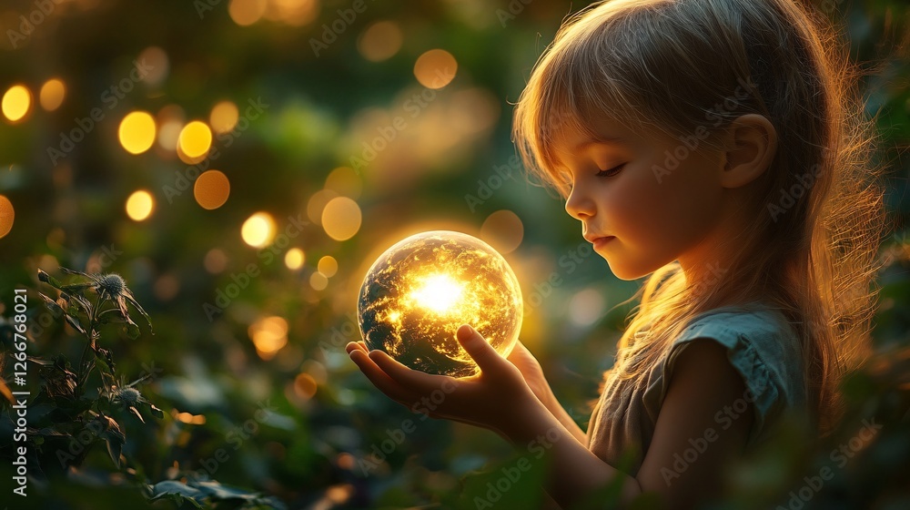 Naklejka premium Enchanting Child Holding Glow Sphere in Magical Forest Setting