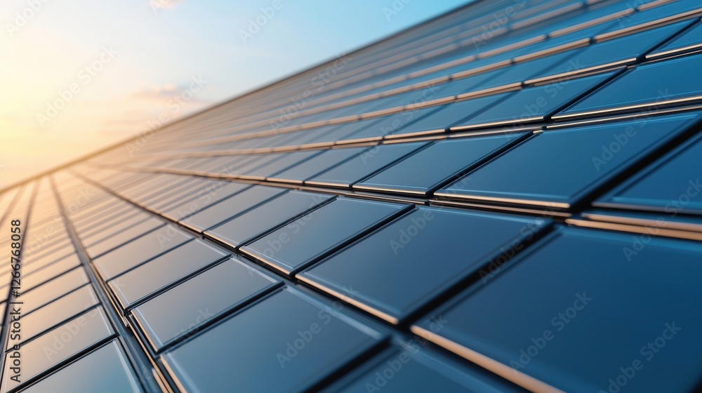 A close-up view of solar panels reflecting sunlight on a sloped surface, highlighting modern renewable energy technology.