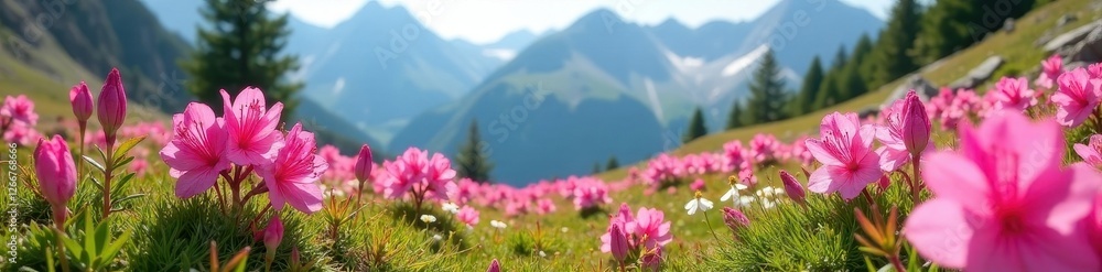 Obraz premium Pink alpine rhododendrons bloom vibrantly amidst Chamonix's mountain wildflowers , high altitude, wildflowers