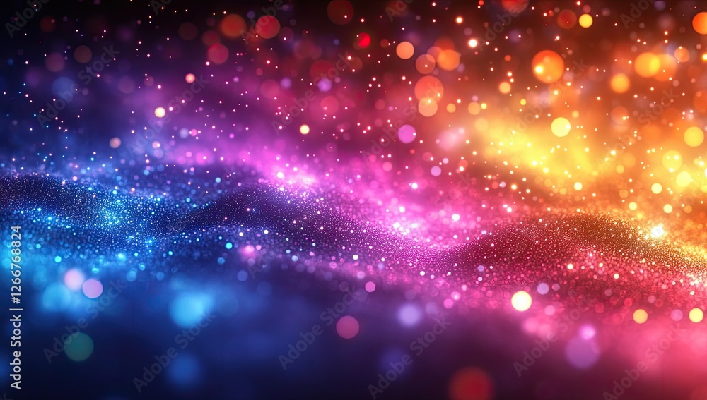 Vibrant abstract background with colorful bokeh lights and shimmering particles, flowing in a wave pattern. Dark background with bright highlights Vibrant abstract background with colorful bokeh lights and shimmering particles, flowing in a wave pattern. Dark background with bright highlights