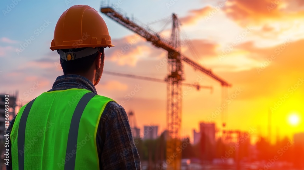Construction worker observing sunset while crane operate in urban skyline background Construction worker observing sunset while crane operate in urban skyline background