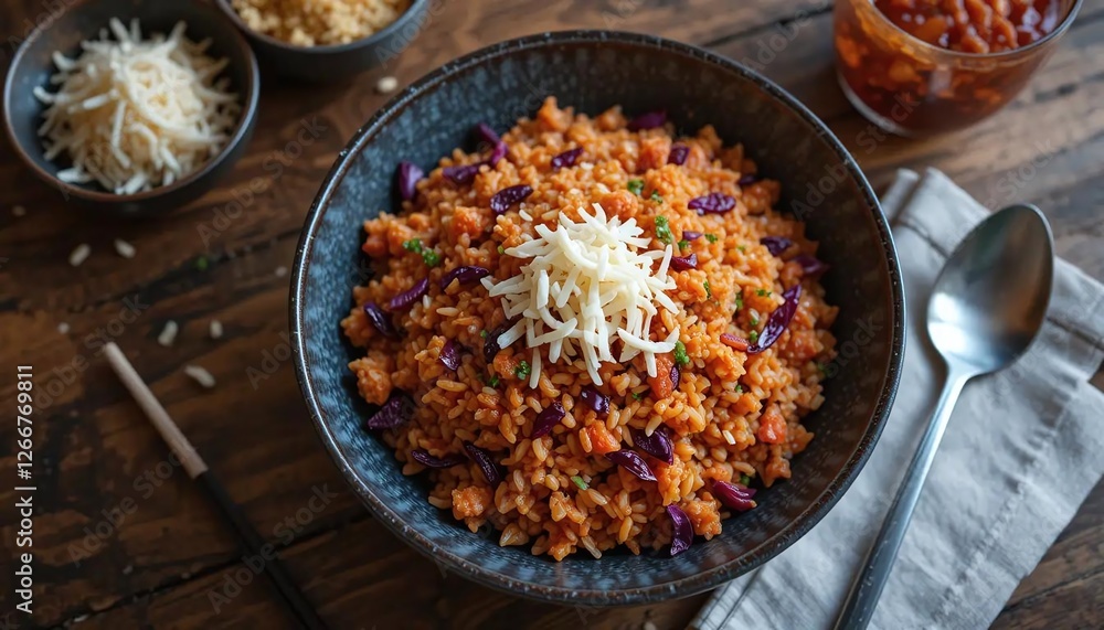 Traditional spicy rice dish served in a rustic bowl with fresh ingredients and rich vibrant colors representing authentic cultural cuisine Traditional spicy rice dish served in a rustic bowl with fresh ingredients and rich vibrant colors representing authentic cultural cuisine
