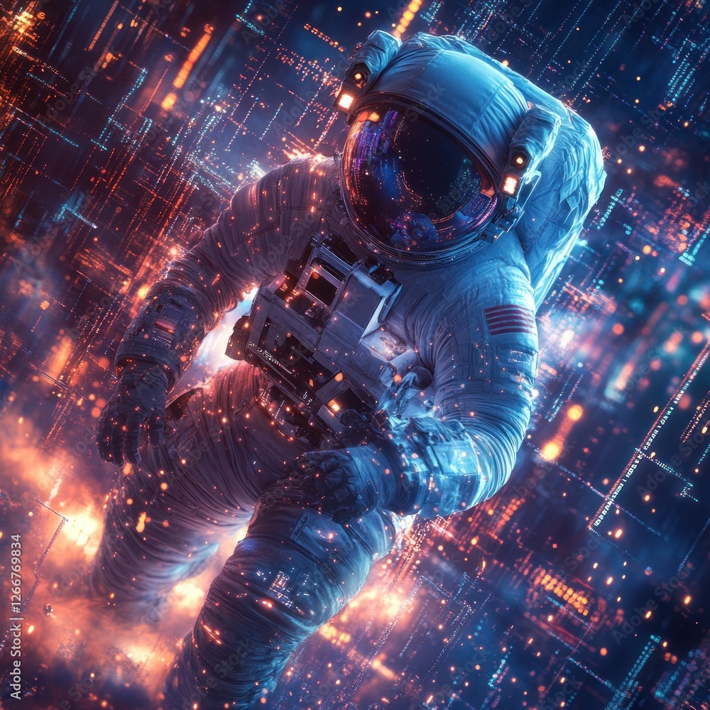 Fototapeta premium Futuristic Astronaut in Holographic Environment Exploring Virtual Reality Interface