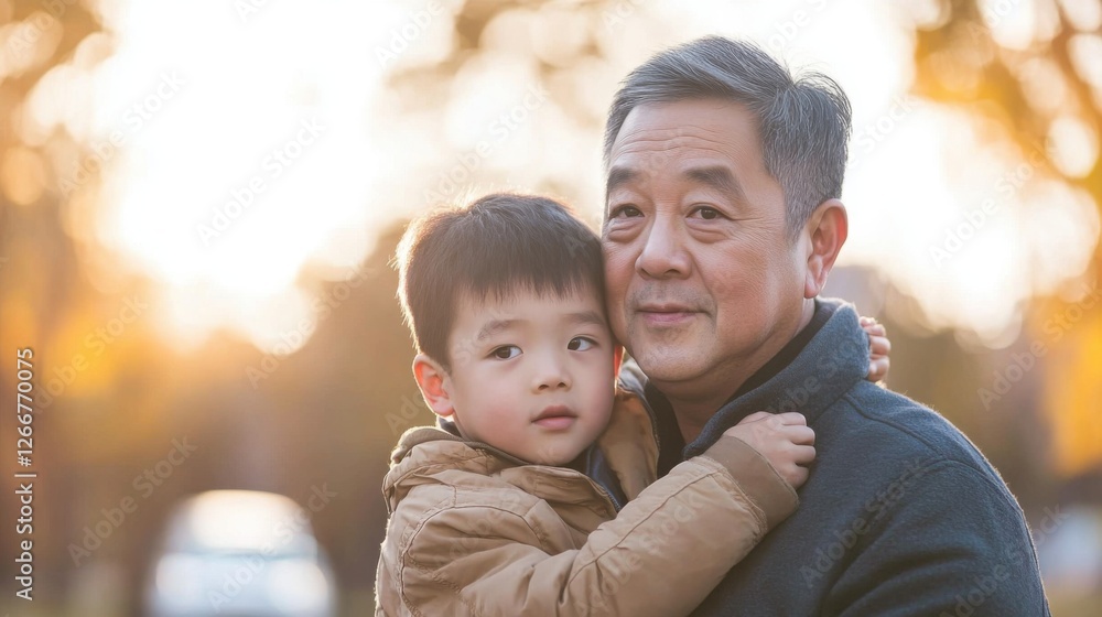 grandfather and grandson sharing a warm embrace outdoors