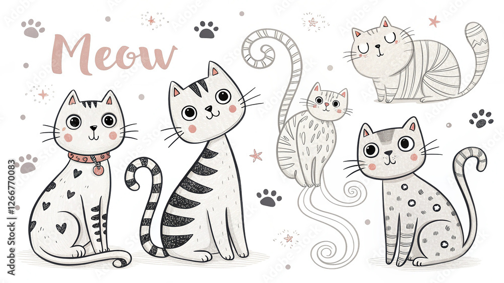 Obraz premium Cute Cats Illustration Set: This charming hand-drawn illustration features a delightful collection of adorable cats, with playful expressions and intricate details.