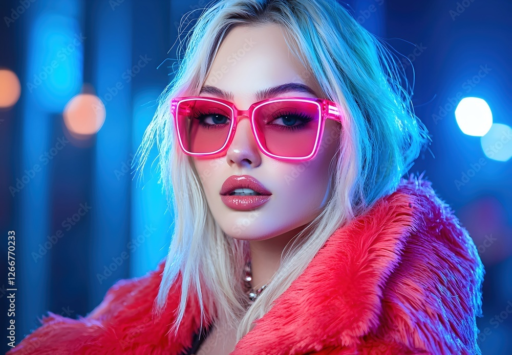 Stylish Model in Neon Glasses and Fur Jacket with Vibrant Background Stylish Model in Neon Glasses and Fur Jacket with Vibrant Background