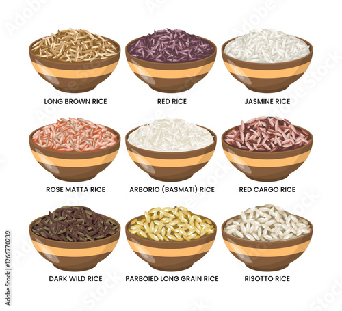 Different types of rice set collection, rice bowl contain long brown, red, jasmine, rose matte, arborio (basmati), red cargo, dark wild, parboiled, and risotto, isolated on white background, cartoon.