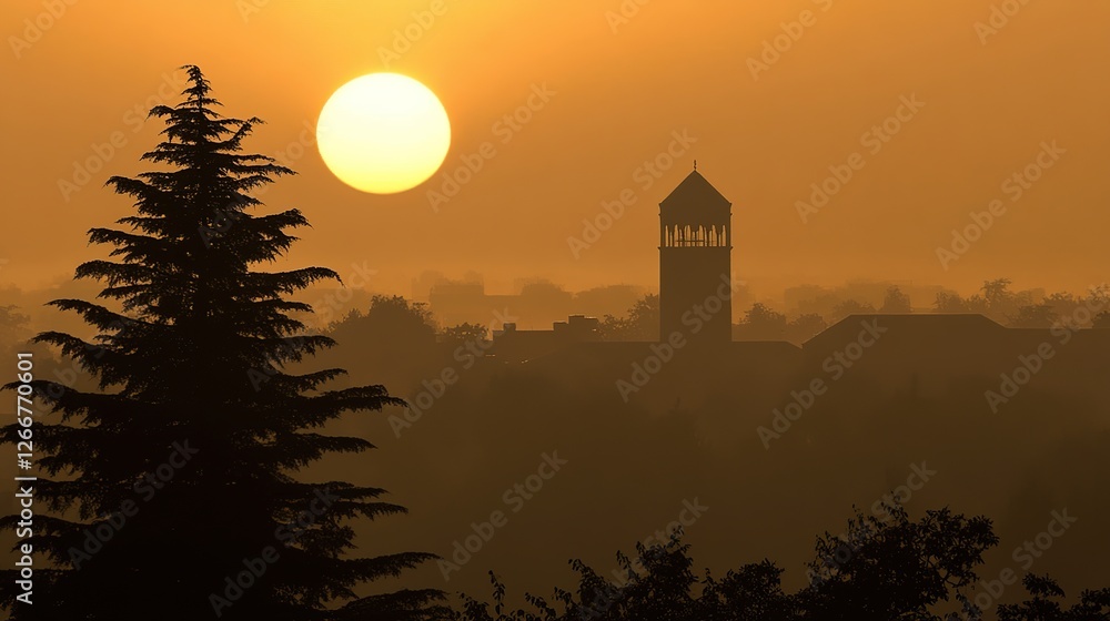 Fototapeta premium early morning mist over a peaceful mosque before Eid prayer 