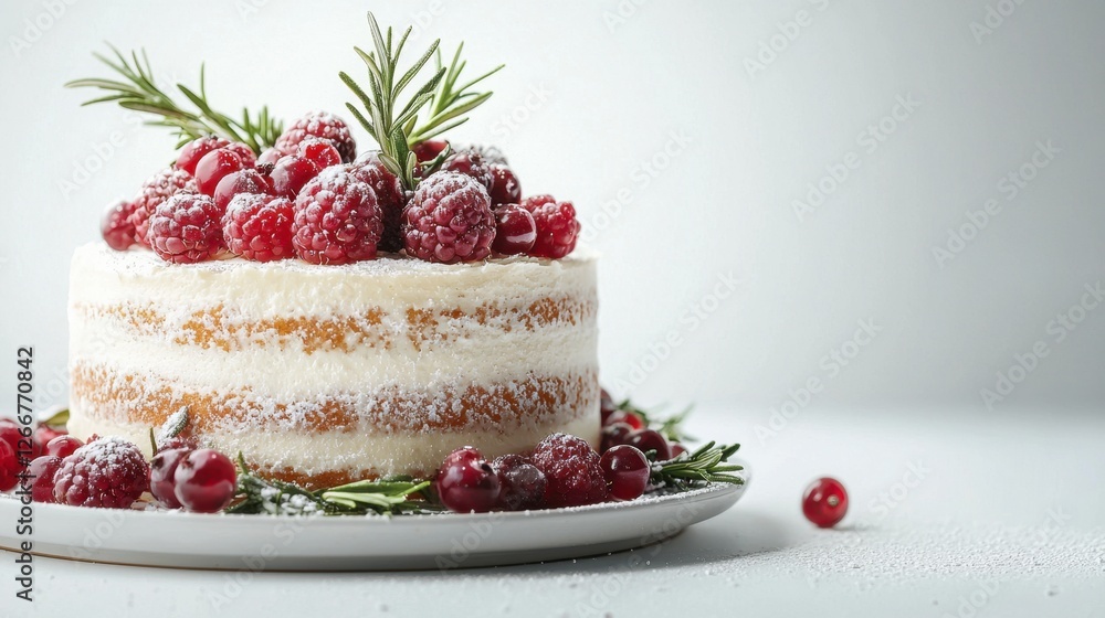 Cake topped with fresh berries and sprigs of rosemary on a white plate Cake topped with fresh berries and sprigs of rosemary on a white plate