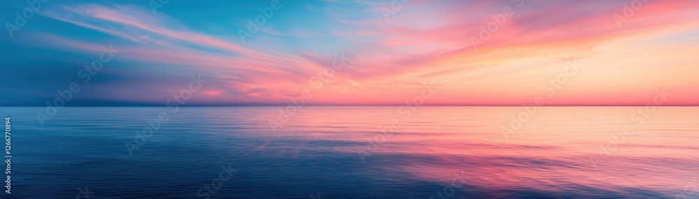 Fototapeta premium A serene seascape at sunset, with vibrant colors reflecting on the calm water, creating a peaceful and picturesque atmosphere.