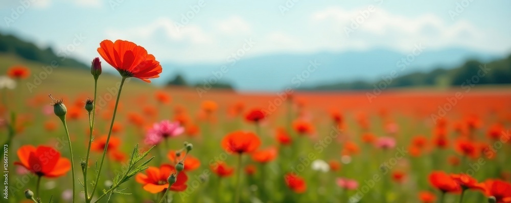 Fototapeta premium Single crimson pyrethrum blooms in expansive field, plant, pyrethrum