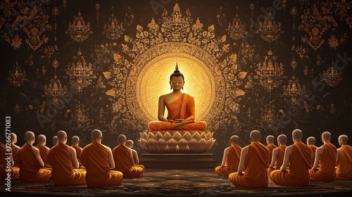 Serene Buddha Statue Surrounded by Meditating Monks in Temple