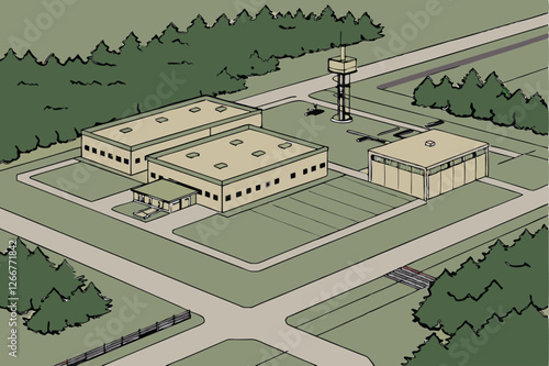 Aerial view, military base, rectangular buildings, beige structures, concrete roads, parking lots, green forest surroundings, helicopter pad, security fences, communication towers, camouflage color