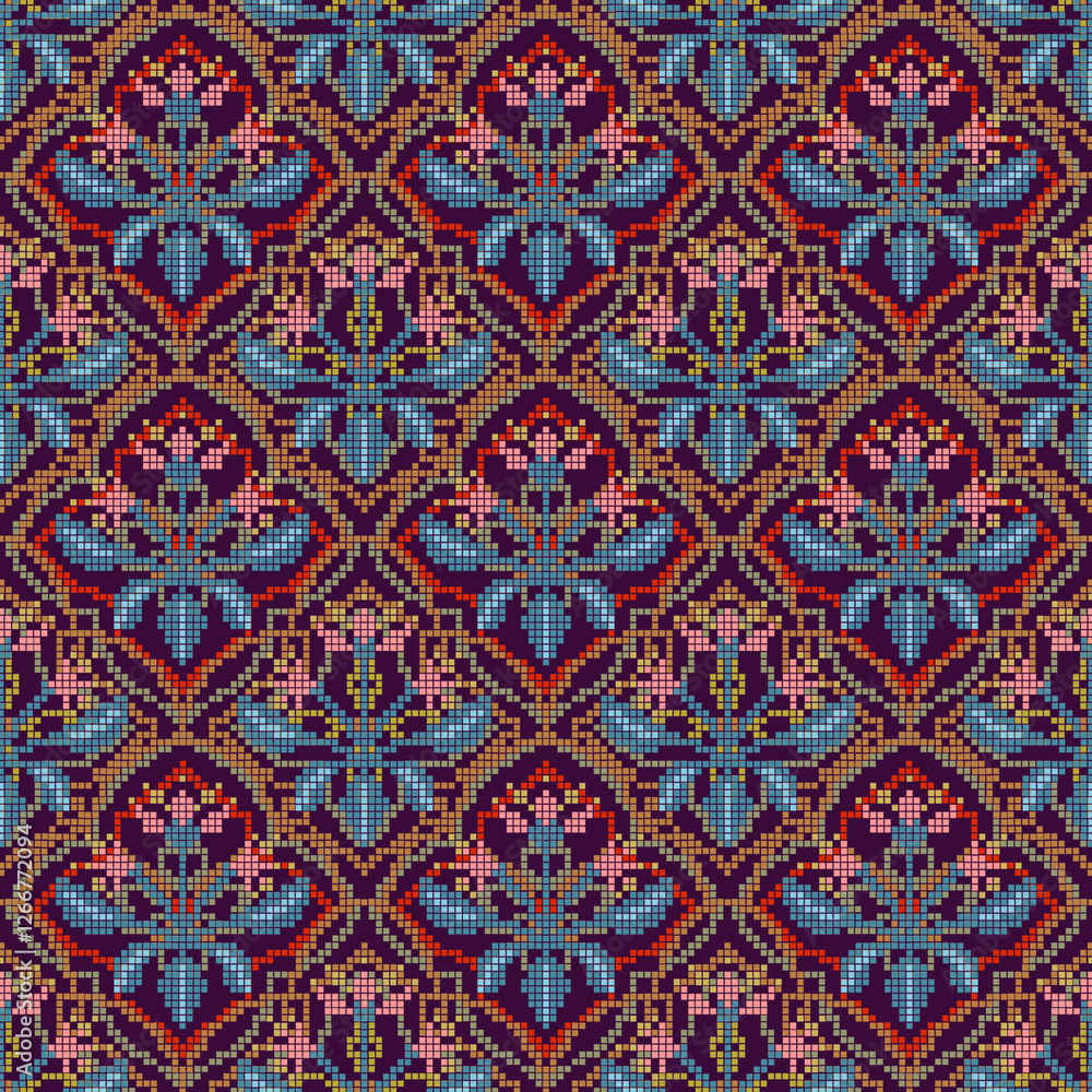Pink pixel flower pattern, pattern in brown artificial diamond frame, dark purple background. Pink pixel flower pattern, pattern in brown artificial diamond frame, dark purple background.