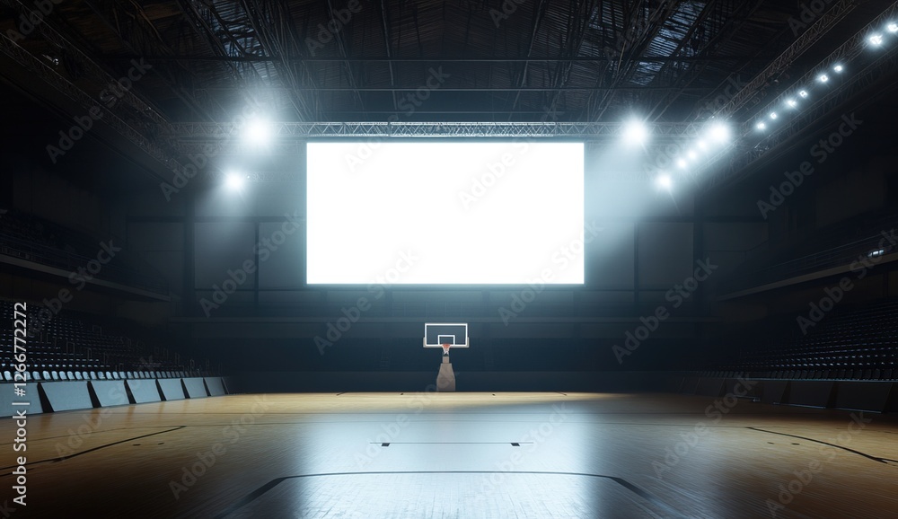 Empty Basketball Arena with Large Blank Screen: Bright Lights Illuminate the Court, Ready for the Game