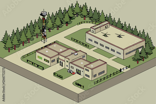  Aerial view, military base, rectangular buildings, beige structures, concrete roads, parking lots, green forest surroundings, helicopter pad, security fences, communication towers, camouflage color