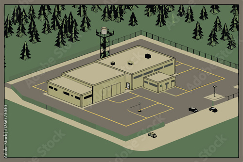  Aerial view, military base, rectangular buildings, beige structures, concrete roads, parking lots, green forest surroundings, helicopter pad, security fences, communication towers, camouflage color