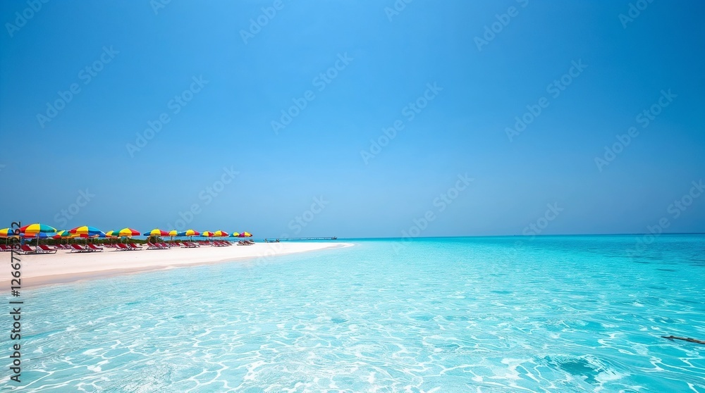 Fototapeta premium A breathtaking tropical beach with turquoise waters stretching into the horizon, symbolizing the perfect spring break escape.