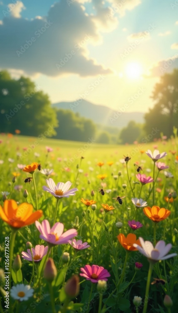 Obraz premium Sun-drenched meadow teeming with buzzing insects and colorful blossoms , ecosystem, orange