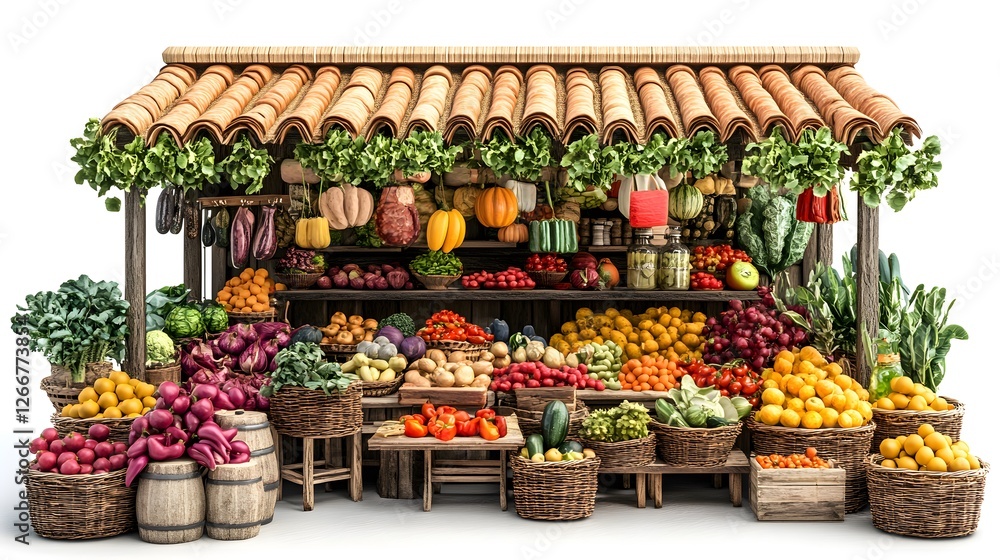 Fototapeta premium Vibrant display of fresh vegetables and fruits artfully arranged on a rustic wooden table