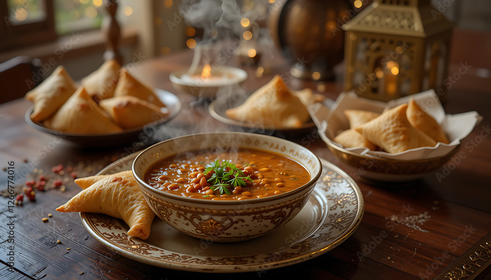 Traditional Ramadan Iftar Table with Hot Lentil Soup and Samosas Under Warm Lantern Light Traditional Ramadan Iftar Table with Hot Lentil Soup and Samosas Under Warm Lantern Light