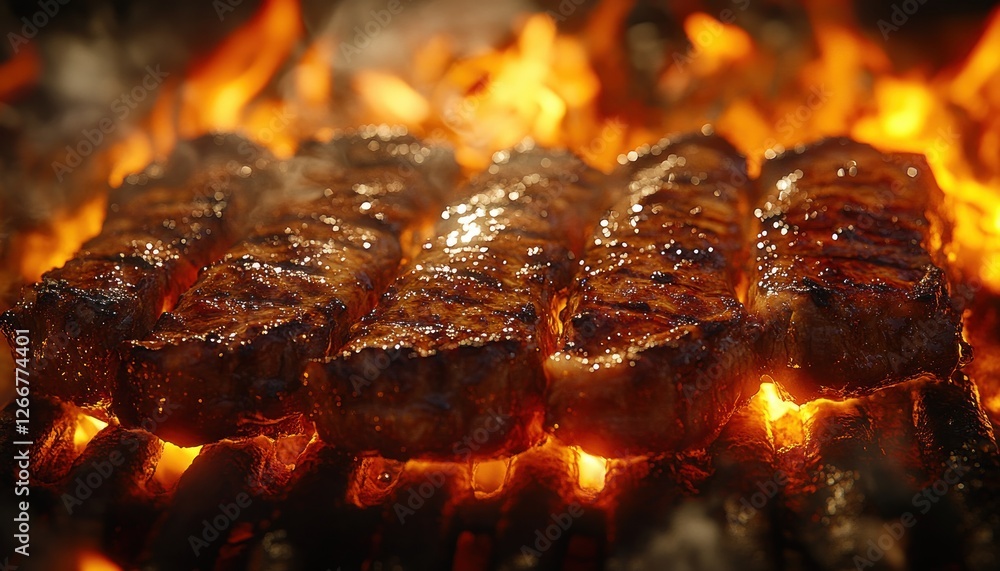 Grilled Beef Steaks with Vegetables and Herbs Over Flames on Outdoor Barbecue Grilled Beef Steaks with Vegetables and Herbs Over Flames on Outdoor Barbecue