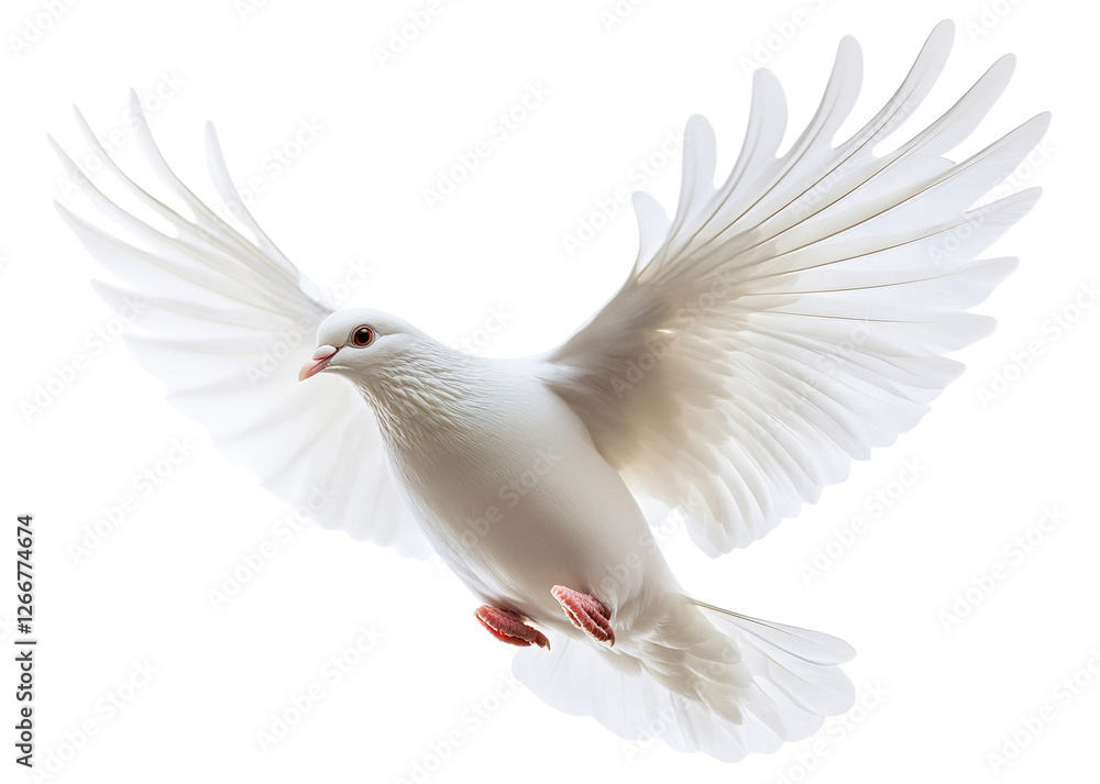 Fototapeta premium White dove in flight with spread wings, isolated on transparent cutout background