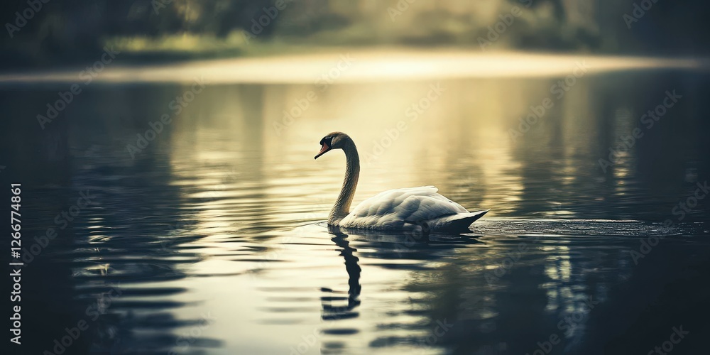 Fototapeta premium Swan gliding gracefully across a calm lake at sunrise
