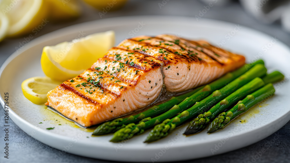 Grilled Salmon Fillet with Lemon Slices and Asparagus Grilled Salmon Fillet with Lemon Slices and Asparagus