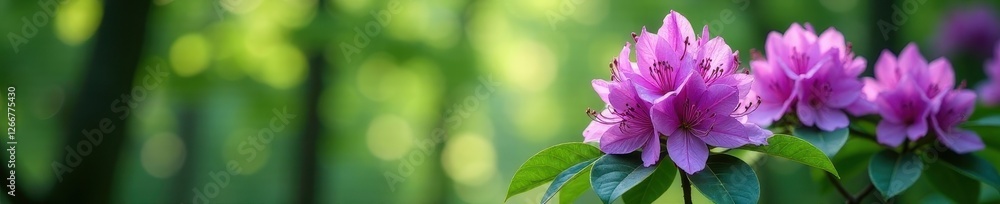 Obraz premium Vibrant purple rhododendron blooms amid lush green English woodland foliage , color, trees