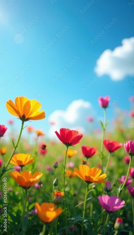 Vibrant wildflowers bloom under a clear blue sky , serene, summer Vibrant wildflowers bloom under a clear blue sky , serene, summer