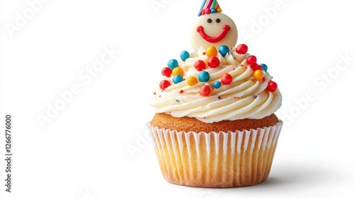 Cupcake with bird figurine decoration on top in a bright and colorful setting