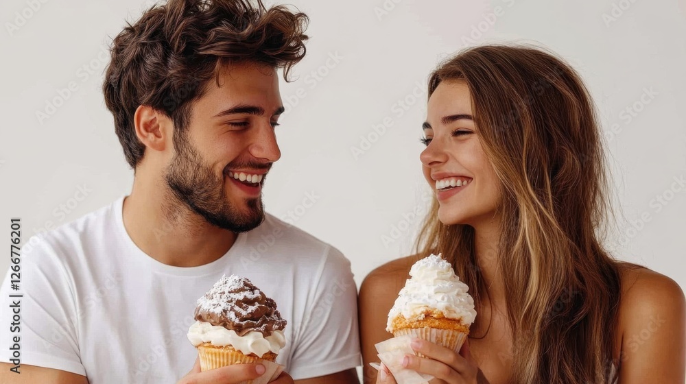 Man and woman enjoying colorful cupcakes together at a festive setting Man and woman enjoying colorful cupcakes together at a festive setting