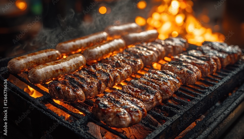 Juicy grilled beef steaks and sausages with vegetables over flames on outdoor barbecue grill Juicy grilled beef steaks and sausages with vegetables over flames on outdoor barbecue grill
