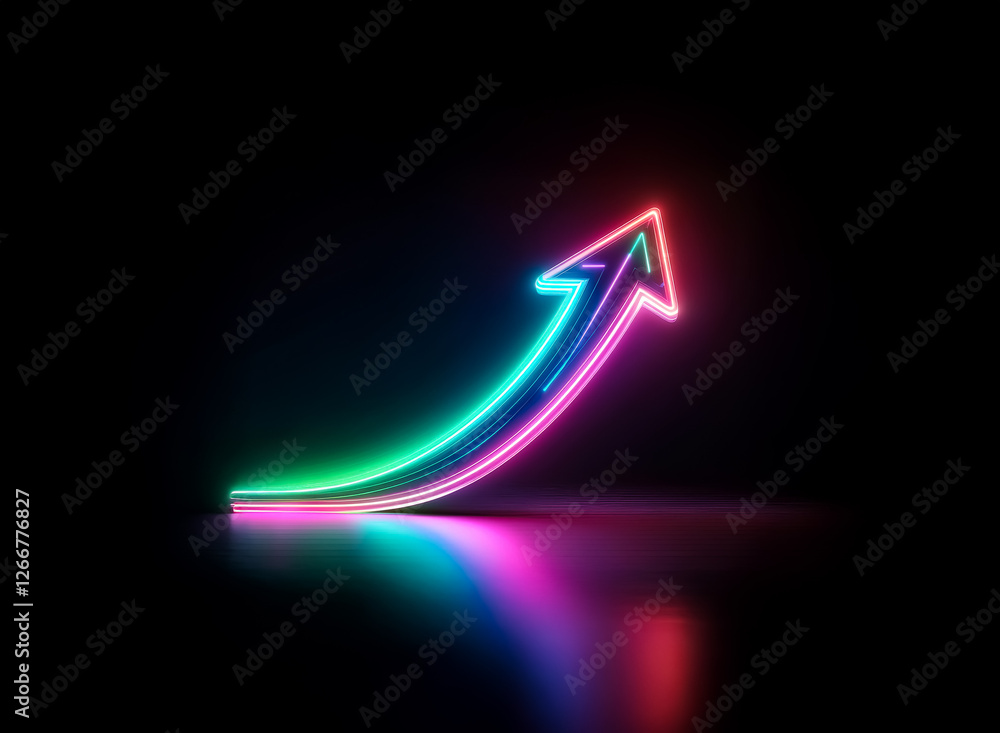 A vibrant neon arrow, glowing with red, blue, and green hues, points upwards against a stark black backdrop. The arrow's bright light reflects on a dark surface. A vibrant neon arrow, glowing with red, blue, and green hues, points upwards against a stark black backdrop. The arrow's bright light reflects on a dark surface.